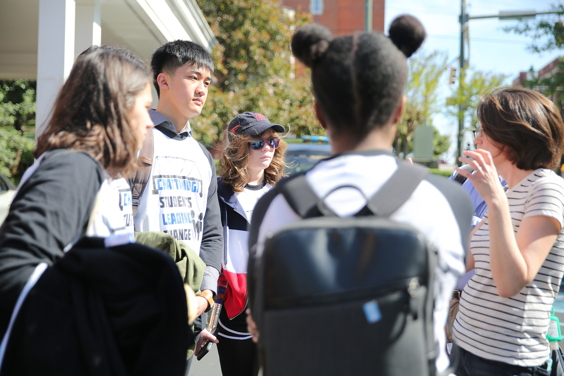 At right, Laura Becker, a paster at Northminster Presbyterian Church, gives students Isabel Harper, Allen Liu, Grace Bostock and Lauren Tolbert instructions on navigating conversation with lawmakers Wednesday, April 18, 2018 at First Christian Church in Chattanooga, Tenn. Becker has been an adviser for several students who will be traveling to Washington D.C. to speak with lawmakers about school safety and has helped facilitate meetings.