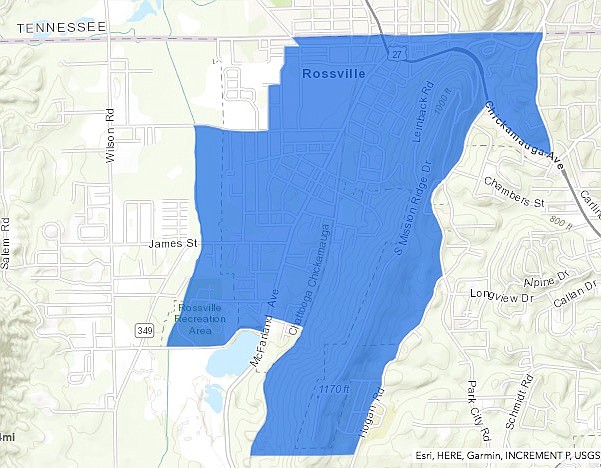 An outline of the Opportunity Zone in Rossville, where investors will get federal tax breaks if they pour in money