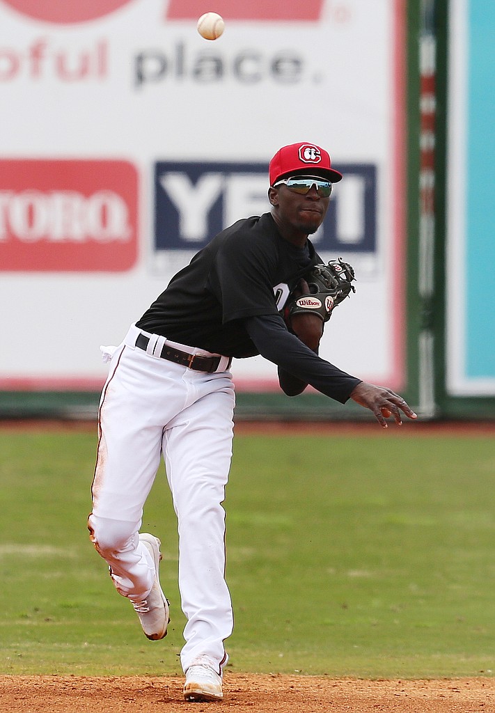 Chattanooga Lookouts shortstop Nick Gordon (1) throws the ball to first Sunday, April 8, 2018 during the Lookouts game against the Barons at AT&T Field in Chattanooga, Tenn. 