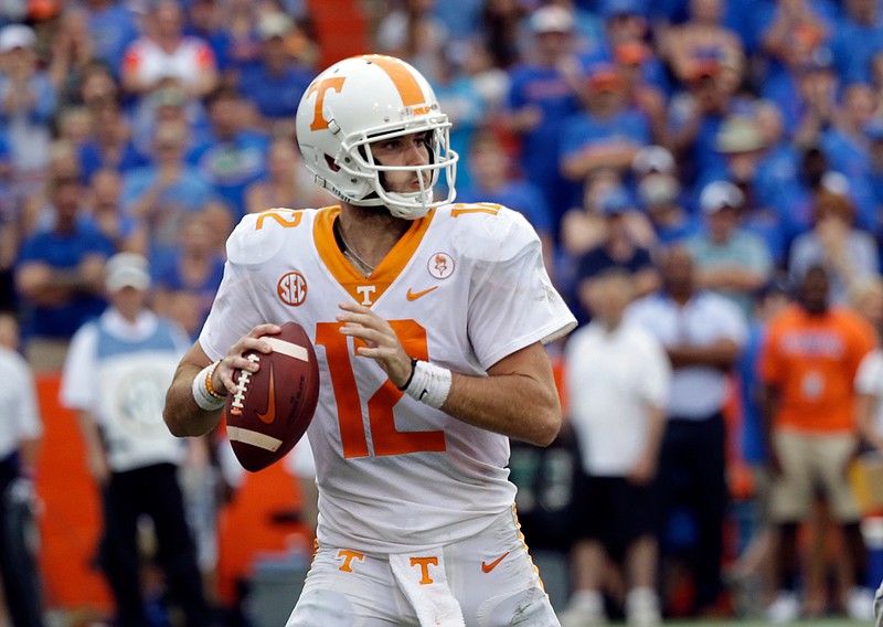 
FILE - In this Sept. 16, 2017, file photo, Tennessee quarterback Quinten Dormady plays against Florida during an NCAA college football game in Gainesville, Fla.