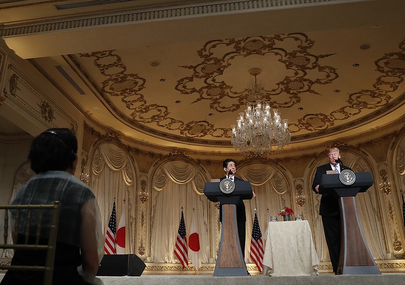 President Donald Trump and Japanese Prime Minister Shinzo Abe during a joint news conference at Trump's private Mar-a-Lago club on Wednesday in Palm Beach, Fla. (AP Photo/{photog})