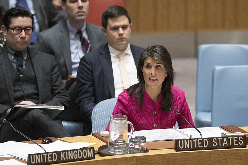 American Ambassador to the United Nations Nikki Haley speaks during a Security Council meeting on the situation between Britain and Russia on Wednesday at United Nations headquarters. (AP Photo/Mary Altaffer)