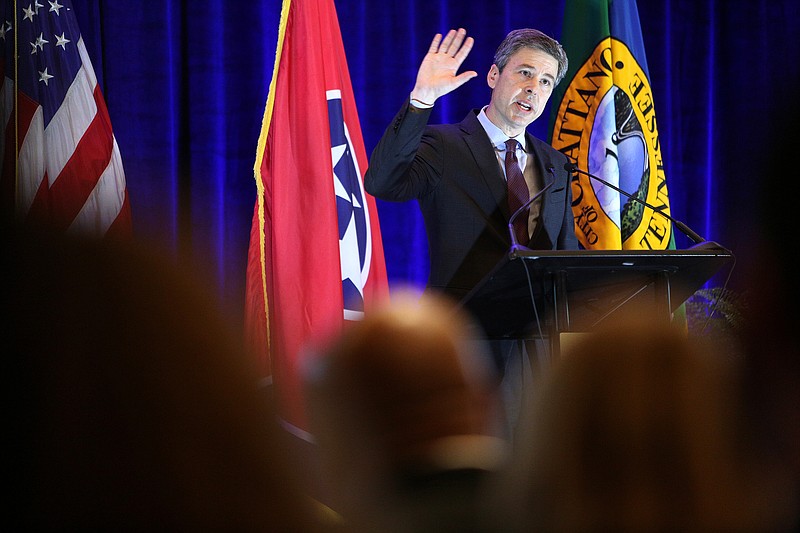 Chattanooga Mayor Andy Berke speaks during the City of Chattanooga's State of the City address Thursday, April 19, 2018 at the Westin hotel in Chattanooga, Tenn. Berke talked about Chattanooga's successes as well as some areas in which the city is working to improve upon. 