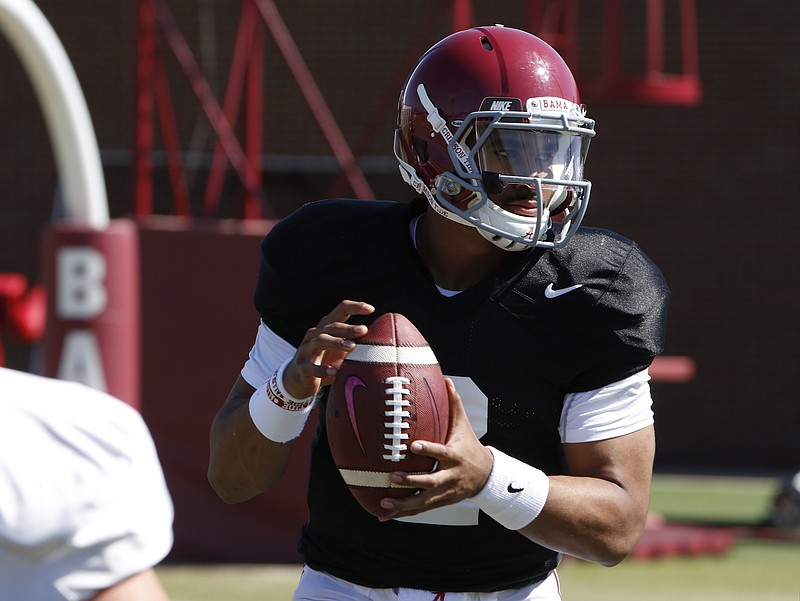 Jalen Hurts, pictured, has just two losses in 28 games as Alabama's starter. But his position at the top of the depth chart is no longer a sure thing after Tua Tagovailoa took over at halftime of last season's national championship game and rallied the Crimson Tide past Georgia for an overtime victory.