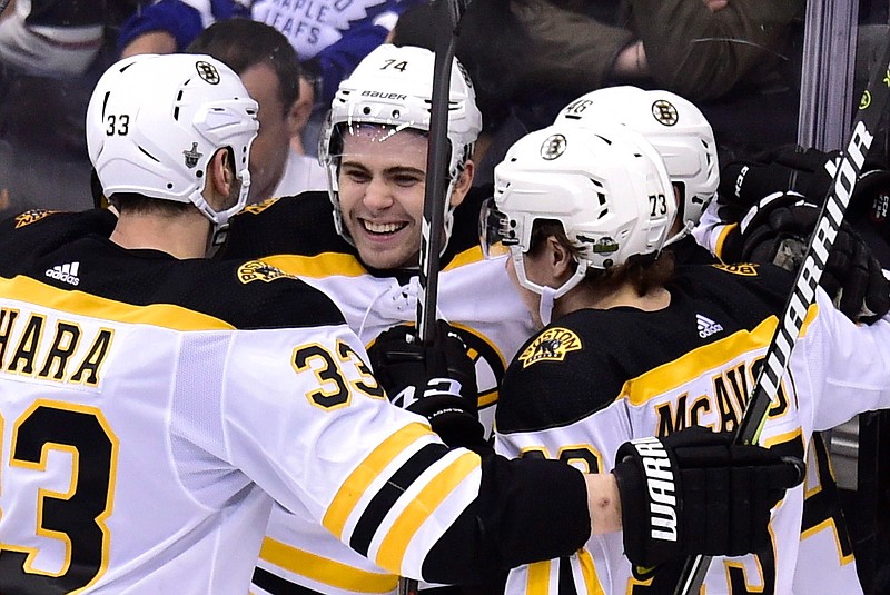 Boston Bruins left wing Jake DeBrusk (74) celebrates his goal against the Toronto Maple Leafs with teammates during the third period of Game 4 of an NHL hockey first-round playoff series Thursday, April 19, 2018, in Toronto. (Frank Gunn/The Canadian Press via AP)
