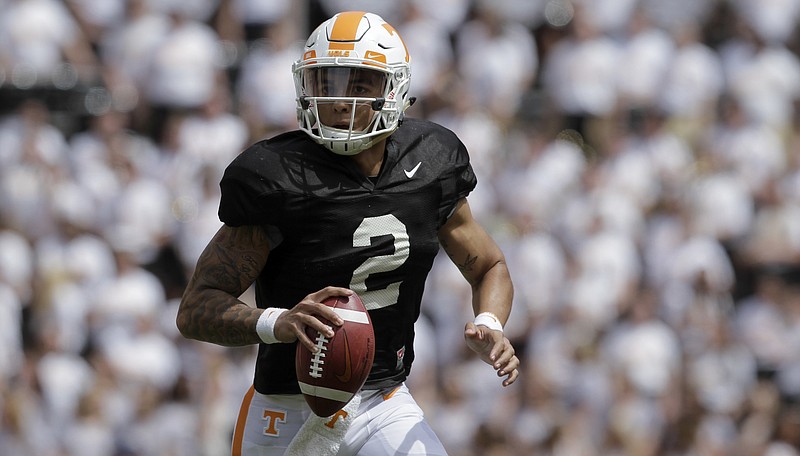 Tennessee quarterback Jarrett Guarantano looks for a receiver during the Orange and White Game on April 21 at Neyland Stadium in Knoxville.