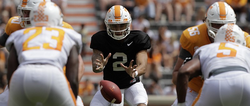 Jarrett Guarantano (2) and Tennesee's three other quarterbacks on scholarship all took snaps during the Vols' second scrimmage of the preseason Saturday at Neyland Stadium.
