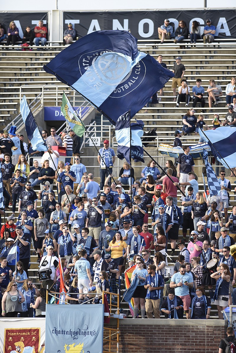 The Chattahooligins get warmed up before the match.  The Detroit City FC visited the Chattanooga FC at Finley stadium in soccer action on April 21, 2018