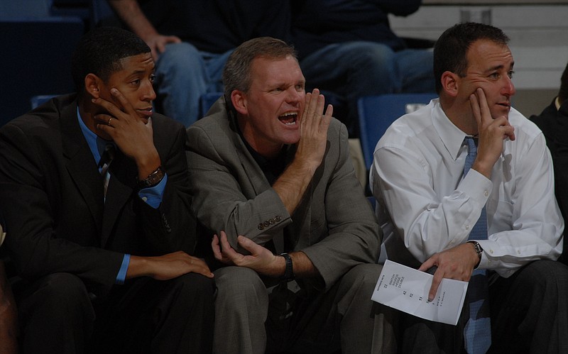 David Conrady, center, has been named basketball coach at McCallie. Conrady is a former head coach at Chattanooga Christian and a former associate head coach at UTC, where he worked under John Shulman, right. Shulman coached McCallie the past four seasons but stepped down in late February.