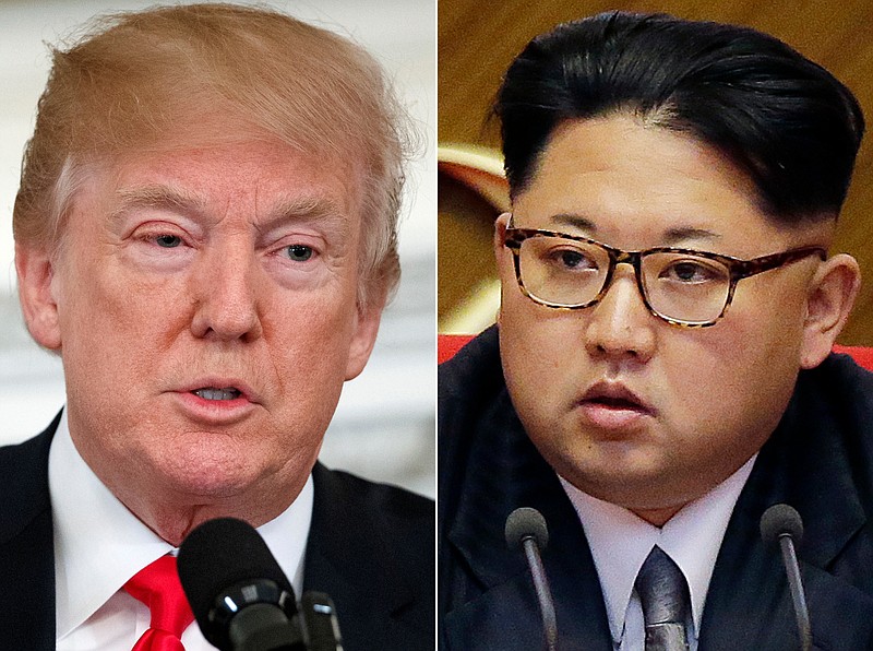 This combination of two file photos shows U.S. President Donald Trump, left, speaking in the State Dining Room of the White House, in Washington on Feb. 26, 2018, and North Korean leader Kim Jong Un attending in the party congress in Pyongyang, North Korea on May 9, 2016. Trump is claiming Sunday, April 22, 2018, that North Korea has agreed to "denuclearization" before his potential meeting with Kim, but that's not the case. The North says it will suspend nuclear tests and intercontinental ballistic missile launches before summits with the U.S. and South Korea. The North stopped short of suggesting it has any intention of abandoning its nuclear arsenal. (AP Photo/Evan Vucci, Wong Maye-E, File)