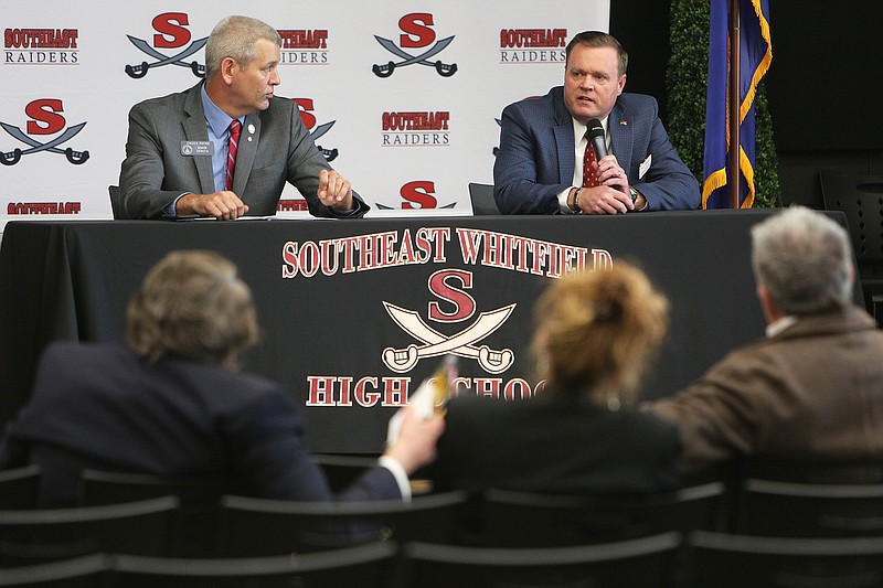 Sen. Chuck Payne and Scott Tidwell answer questions during a candidate forum for the May 22 primary Tuesday, April 24, 2018 at Southeast Whitfield County High School in Dalton, Ga. The two will be running against each other for the District 54 State Senate seat in the upcoming primary election.