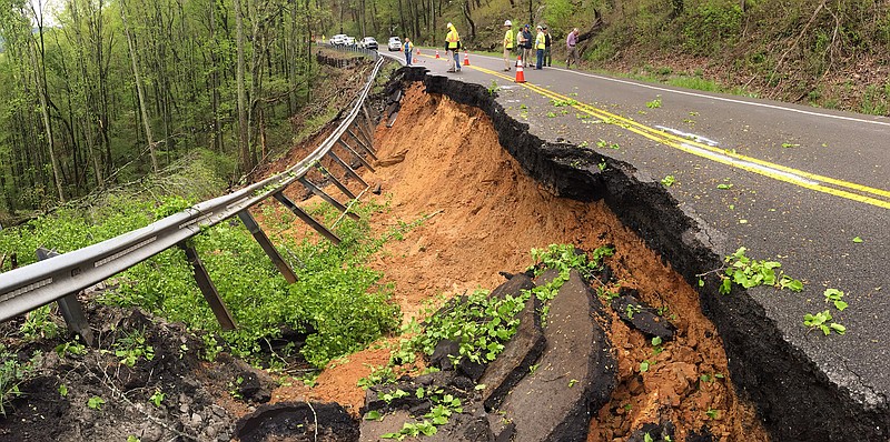 Part of state Highway 68 cracked and slid down a slope in Rhea County on Tuesday, April 24, 2018.
