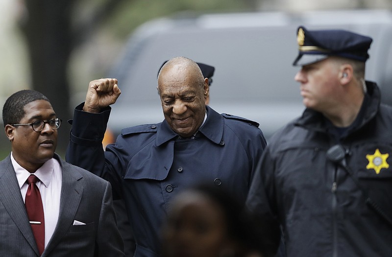 Bill Cosby gestures as he arrives for his sexual assault trial, Wednesday, April 25, 2018, at the Montgomery County Courthouse in Norristown, Pa. (AP Photo/Matt Slocum)
