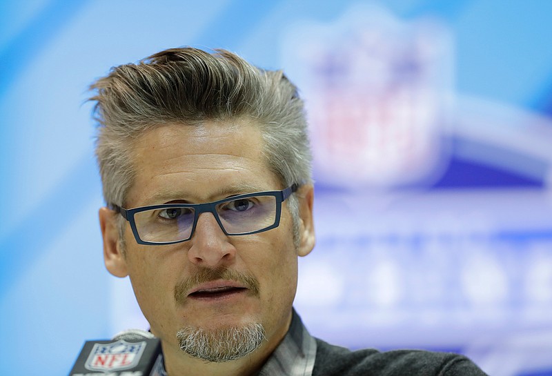 FILE - In this Feb. 28, 2018, file photo, Atlanta Falcons general manager Thomas Dimitroff speaks during a press conference at the NFL football scouting combine, in Indianapolis. The Falcons have the 26th pick of the first round at the NFL Draft. (AP Photo/Darron Cummings, File)