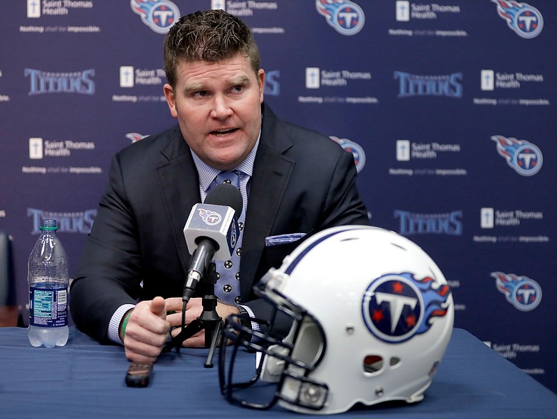 FILE - In this Jan., 22, 2018, file photo, Tennessee Titans general manager Jon Robinson speaks at a news conference in Nashville, Tenn. The Titans are coming off their first playoff victory in 14 years with a brand new coach and no obvious holes to be filled in the NFL draft. That gives general manager Jon Robinson lots of flexibility on what to do with the 25th pick overall Thursday night. (AP Photo/Mark Humphrey, File)