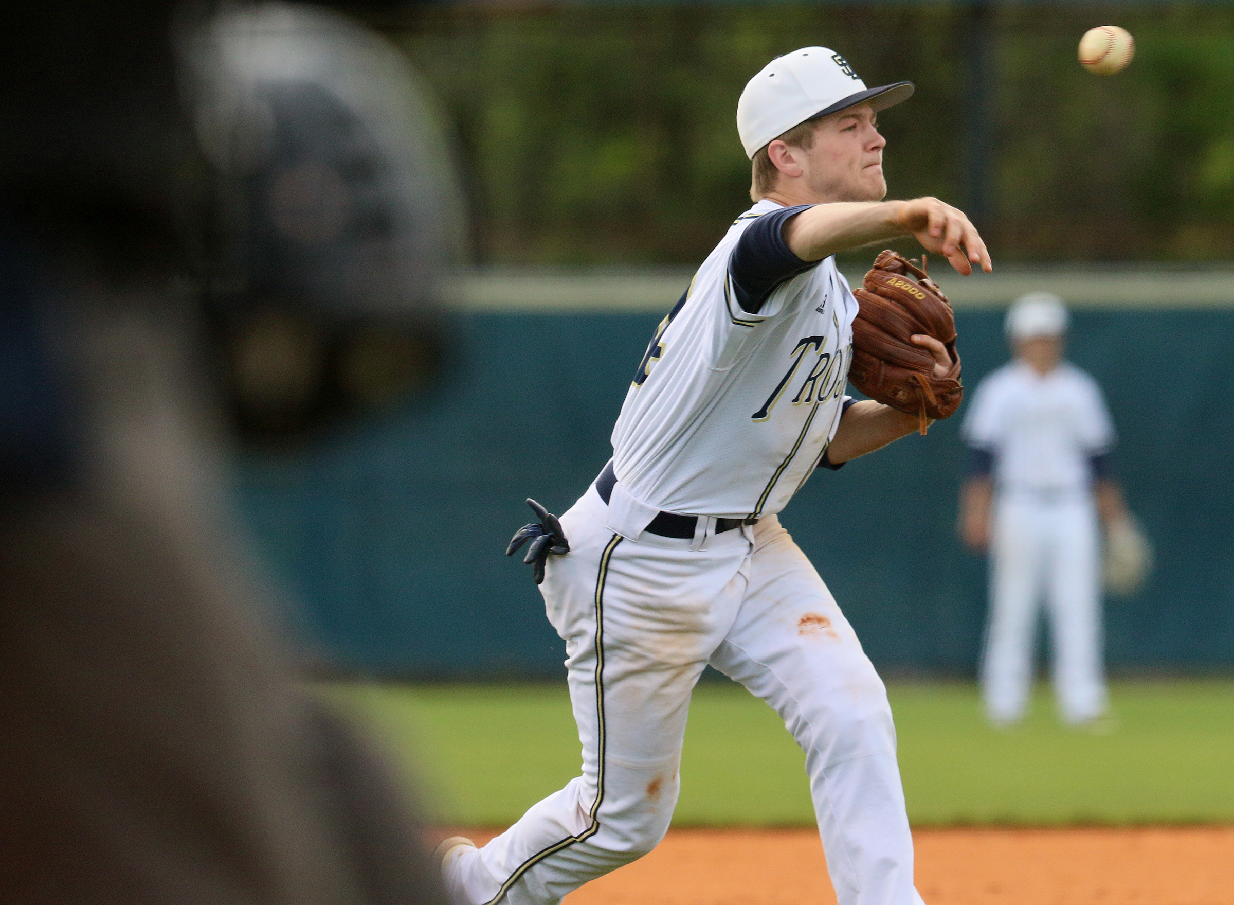 Soddy-Daisy third baseman Hayden Maynor (14) throws the ball to first during the first Soddy-Daisy vs. Bradley Central baseball game at Soddy-Daisy High School Wednesday, April 25, 2018 in Soddy-Daisy, Tenn.