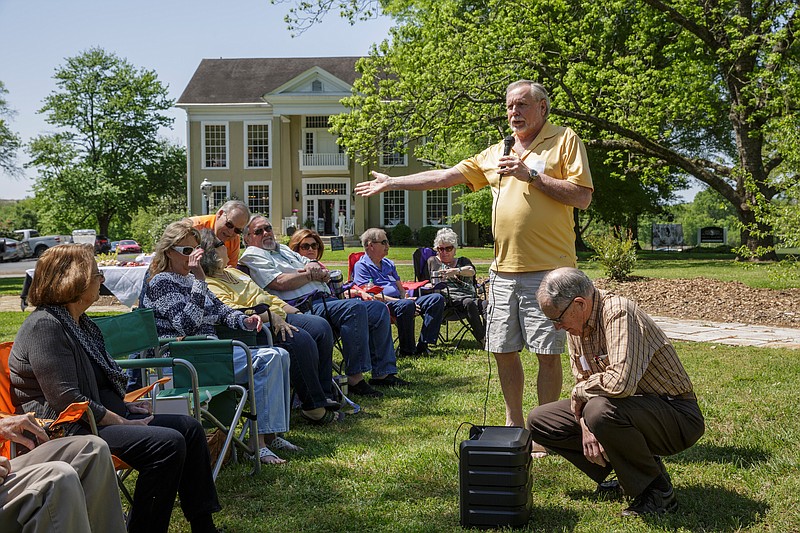 Rick Wofford speaks during a gathering at the former Bonny Oaks School location on Adamson Circle on Saturday, April 28, 2018, in Chattanooga, Tenn. Former students gathered to reconnect and celebrate the school, which was the largest child care facility in the area for 90 years, on Saturday.