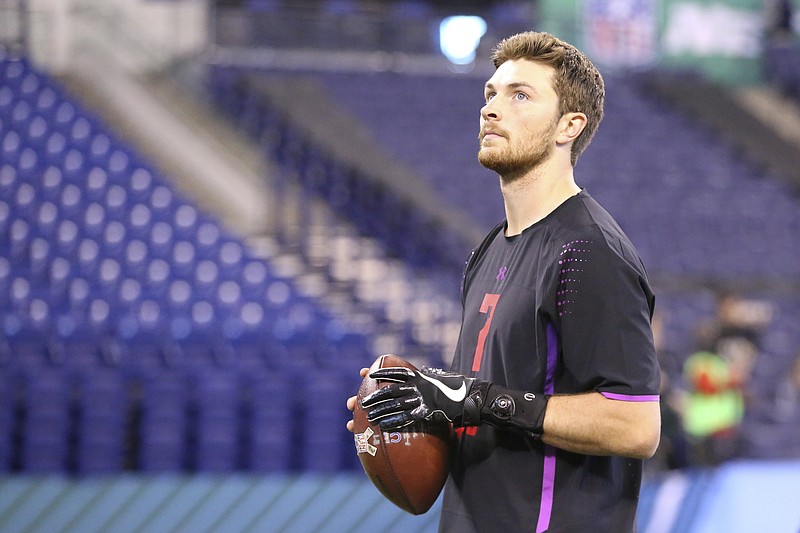 Washington State quarterback Luke Falk competes in the 2018 NFL Scouting Combine on March 3, in Indianapolis.