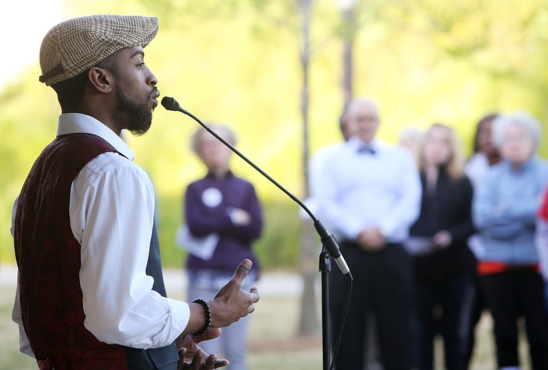 Brandon Woodruff speaks during the Vigil for Antioch held Sunday, April 29, 2018 at the Renaissance Park pavilion in Chattanooga, Tenn. Woodruff is friends with James Shaw Jr., who stopped the shooter last week in a Nashville Waffle House, and said he could have easily been one of those individuals in the Waffle House with Shaw when the shooting occurred.