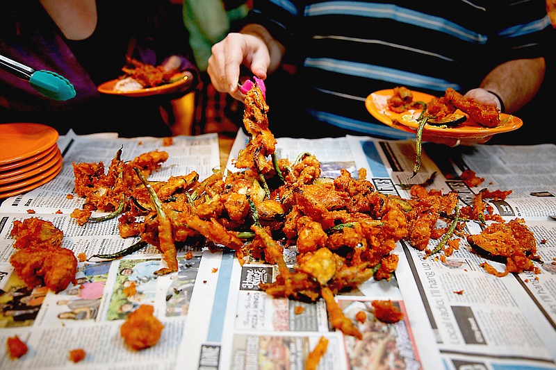 Locals take samples of fritto misto, fried vegetables with dipping sauce, during a "vegan takeover" event by the nonprofit ChattaVegan at Chattanooga Brewing Company. Some of the more popular dishes from ChattaVegan's takeover.