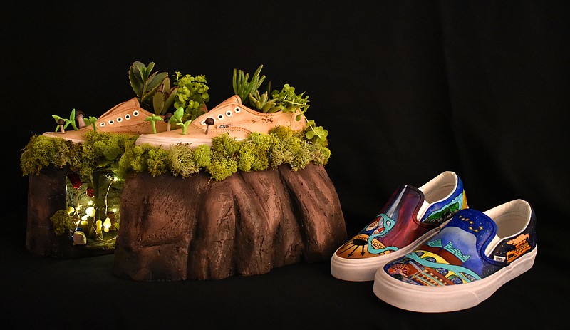 Hixson High School students designed these two pairs of Vans shoes using the themes for the 2018 Vans Custom Culture Competition: "Off the Wall," left, and "Local Flavor." (Contributed photo)