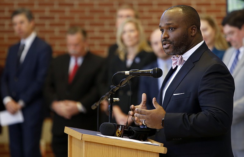 Superintendent Bryan Johnson speaks during a news conference announcing the launch of the Future Ready Institutes at Howard School on Thursday, March 15, 2018, in Chattanooga, Tenn.