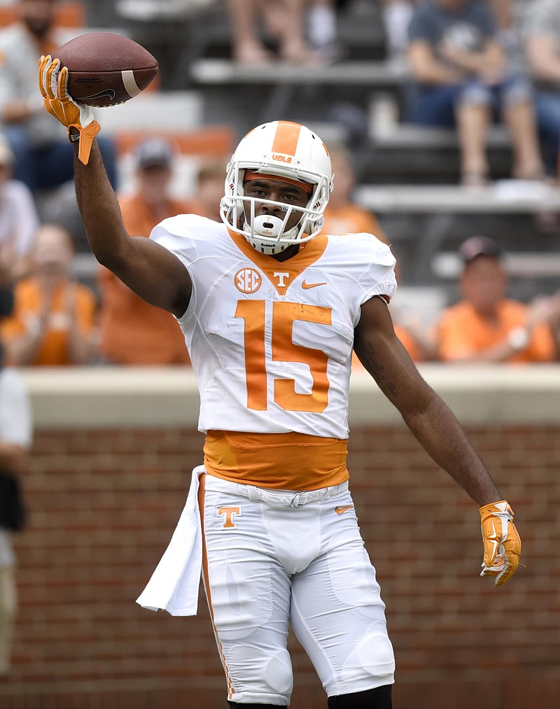 Jauan Jennings (15) shows the ball after catching a touchdown pass.  The annual Spring Orange and White Football game was held at Neyland Stadium on April 22, 2017.