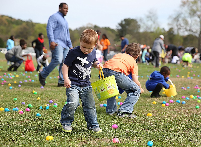 Ben Collett, 3, eyes an egg to pick up during the Easter egg hunt at Camp Jordan Park.