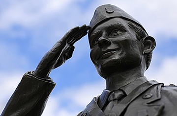 A statue of Desmond Doss is seen in the Veterans Memorial Park on Friday, March 30, 2018 in Collegedale, Tenn.