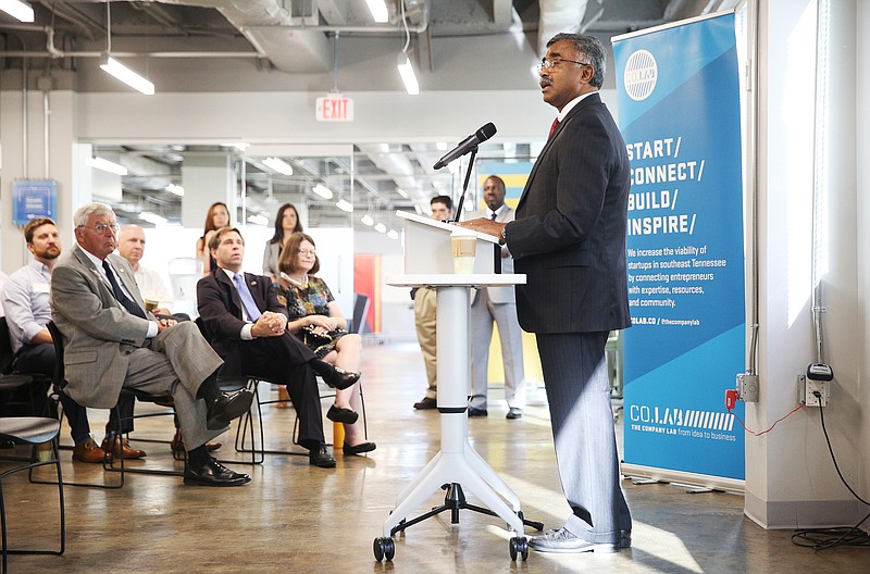 Thomas Zacharia, the Oak Ridge National Laboratory director, speaks to entrepreneurs during a visit to the Innovation District and the Edney Building in Chattanooga recently. (Staff file photo by Erin O. Smith)