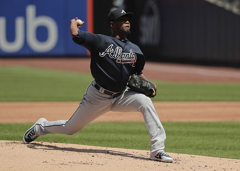 Atlanta Braves starting pitcher Julio Teheran delivers against the New York Mets during the first inning of a baseball game, Thursday, May 3, 2018, in New York. (AP Photo/Julie Jacobson)
