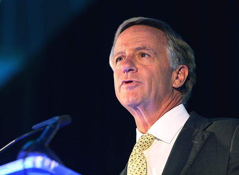 Tennessee Gov. Bill Haslam speaks during the 76th annual Meeting and Luncheon of the Chattanooga Convention and Visitors Bureau at the Chattanooga Convention Center Wednesday, Sept. 20, 2017, in Chattanooga.