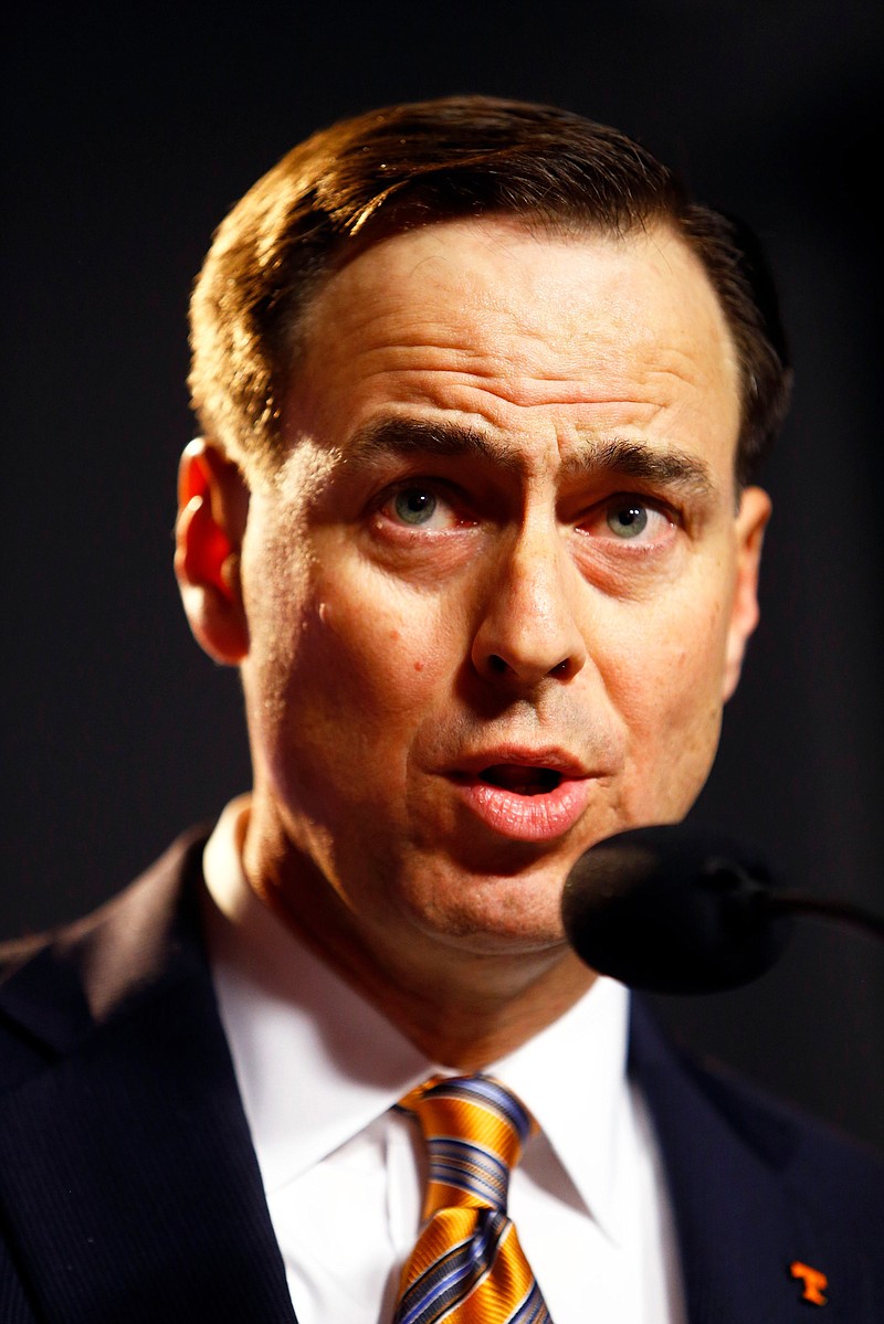 University of Tennessee athletic director, John Currie speaks during a press conference announcing the firing of head football coach, Butch Jones, Sunday, Nov. 12, 2017, in Knoxville, Tenn. 