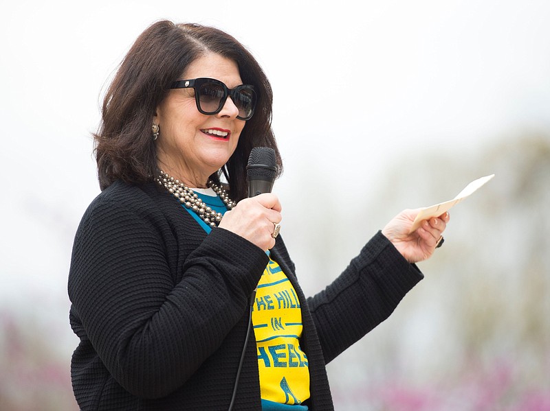 University of Tennessee Chancellor Beverly Davenport speaks before the start of UT's Hike the Hill in Heels event on Monday, April 2, 2018. 