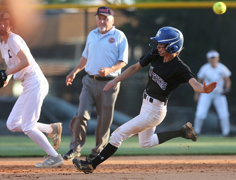 Sale Creek's Hannah Hall steals second base during the Sale Creek vs. Tellico Plains softball game at Lookout Valley Elementary School Monday, May 7, 2018. 