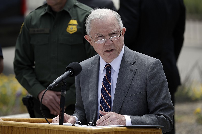 Attorney General Jeff Sessions speaks during a news conference near the border with Tijuana, Mexico, Monday, May 7, 2018, in San Diego. Sessions discussed immigration enforcement during his Southern California visit Monday. (AP Photo/Gregory Bull)