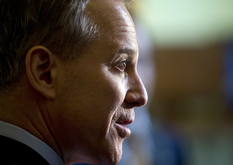 
              FILE - In this May 2, 2016, file photo, New York Attorney General Eric Schneiderman talks to media members after Law Day at the Court of Appeals in Albany, N.Y. Schneiderman resigned from office Monday, May 7, 2018, after several women accused him of violently slapping and choking them. They say the abuse happened during romantic encounters, and that they were also verbally abused and threatened. (AP Photo/Mike Groll, File)
            