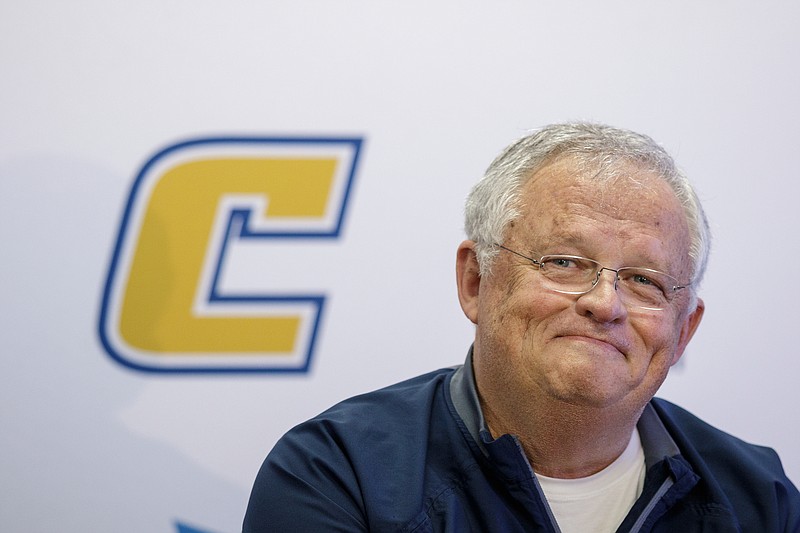 UTC women's basketball coach Jim Foster speaks during a news conference in the Hall of Fame room in McKenzie Arena following the announcement of his retirement on Tuesday, May 8, 2018, in Chattanooga, Tenn. Coach Foster ends his 40-year career, 5 of which were spent at UTC, with 903 wins, the seventh most all-time in NCAA Division I women's basketball history.