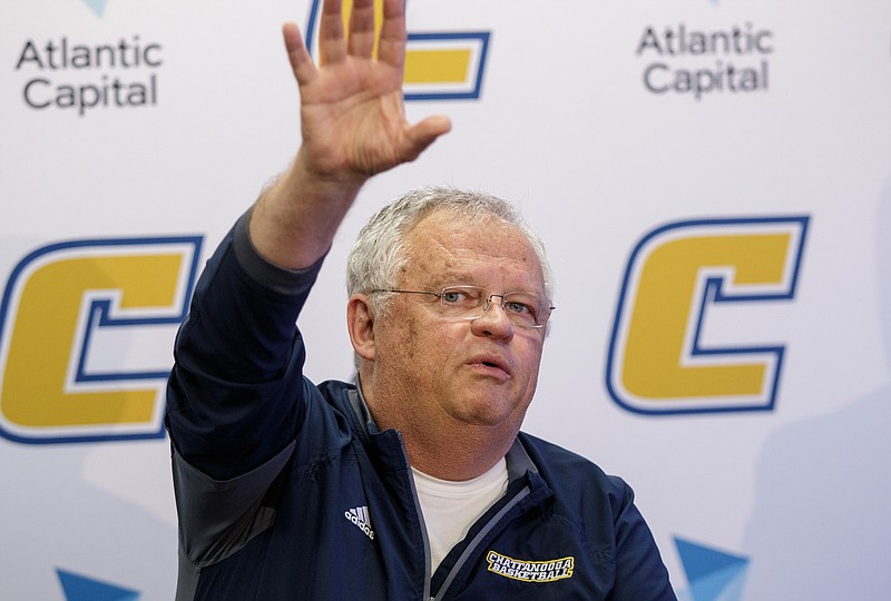 UTC women's basketball coach Jim Foster speaks during a news conference in the Hall of Fame room in McKenzie Arena following the announcement of his retirement on Tuesday, May 8, 2018, in Chattanooga, Tenn. Coach Foster ends his 40-year career, 5 of which were spent at UTC, with 903 wins, the seventh most all-time in NCAA Division I women's basketball history.