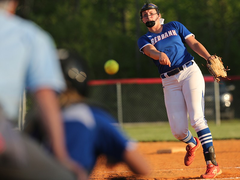 Red Bank's Hannah Wood pitches during the District 6-AA softball championship game between Red Bank and Central on Tuesday, May 8, 2018 in Signal Mountain, Tenn. 