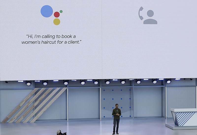 Google CEO Sundar Pichai speaks at the Google I/O conference in Mountain View, Calif., Tuesday, May 8, 2018. Google put the spotlight on its artificial intelligence smarts at its annual developers conference Tuesday, where it announced new features and services imbued with machine learning. (AP Photo/Jeff Chiu)