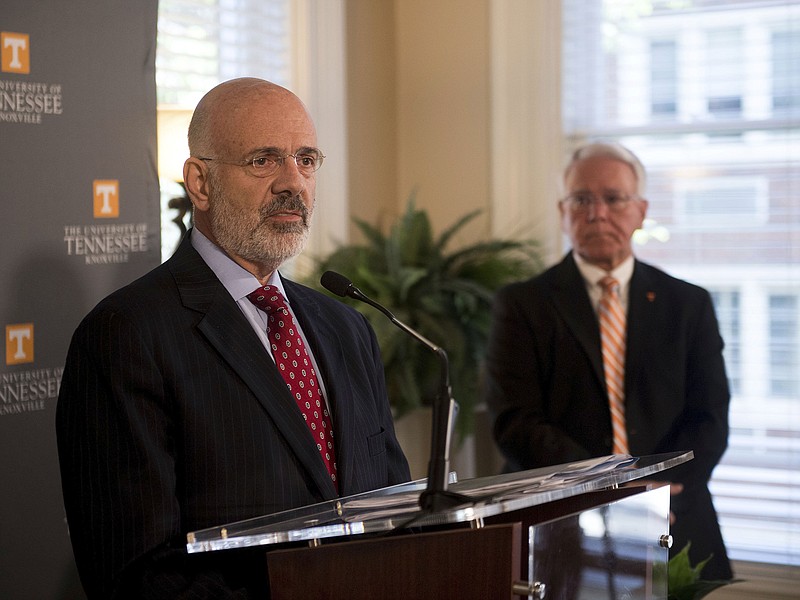 Joe DiPietro, president of the University of Tennessee, and Wayne Davis, interim chancellor of the University of Tennessee, are shown in a news conference on Monday, May 7, 2018. (Photo: Saul Young/News Sentinel)