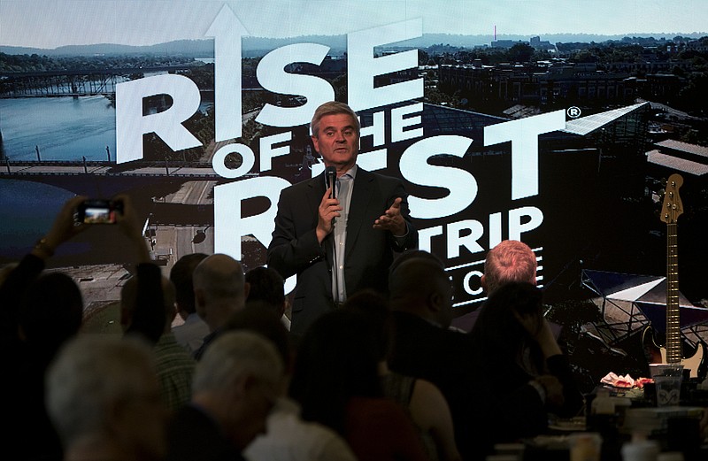 AOL founder Steve Case speaks at the Songbirds Guitar Museum during the Rise of the Rest seed fund tour's stop in Chattanooga, Tenn. on Thursday, May 10, 2018.
