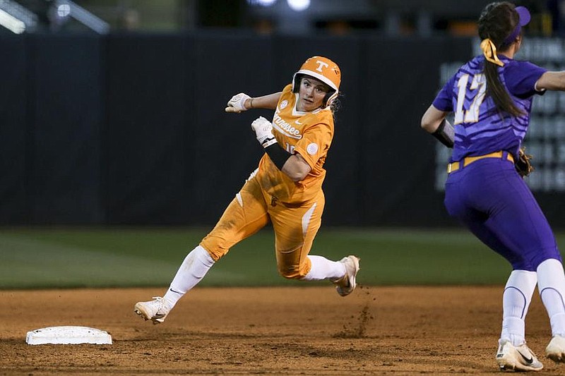 Tennessee junior Aubrey Leach, shown during a home game against LSU last month, leads the Lady Vols with a .568 on-base percentage this season. The SEC softball tournament began Wednesday in Columbia, Mo., but Tennessee had a bye and begins play today against LSU. (Photo by Austin Perryman/University of Tennessee Athletics)