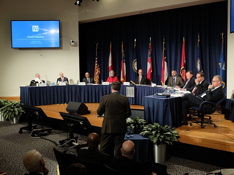 The Tennessee Valley Authority board, pictured here at their last meeting in Chattanooga, voted Thursday, May 10, 2018, to adopt a wholesale grid access fee.