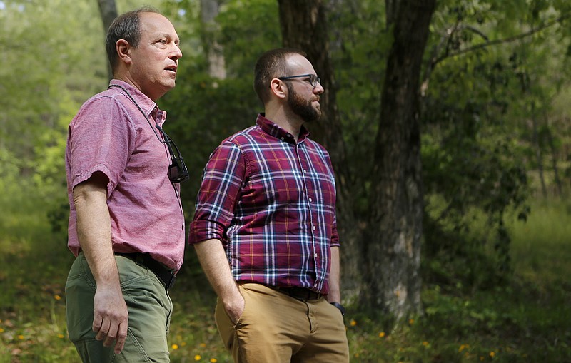 Lula Lake Land Trust Executive Director Mike Pollock, left, and Director of Development and Communications Matthew Hubbard look on as they meet with the Times Free Press to discuss changes being made to the property to help restore it on Wednesday, May 9, 2018 in Lookout Mountain, Ga.