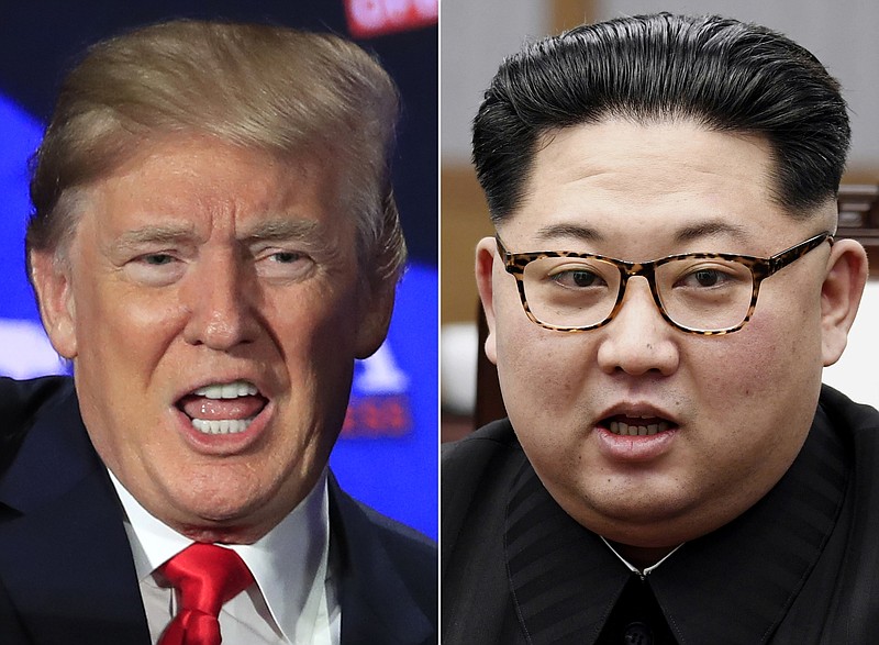 This combination of two file photos shows U.S. President Donald Trump, left, speaking during a roundtable discussion on tax cuts in Cleveland, Ohio, May 5, 2018 and North Korean leader Kim Jong Un, right, talking with South Korean President Moon Jae-in in Panmunjom, South Korea, April 27, 2018. U.S. Secretary of State Mike Pompeo arrived in North Korea on Wednesday, May 9, 2018, to finalize details of a planned summit between President Donald Trump and North Korea leader Kim Jong Un. (AP Photo/Manuel Balce Ceneta, Korea Summit Press Pool via AP, File)
