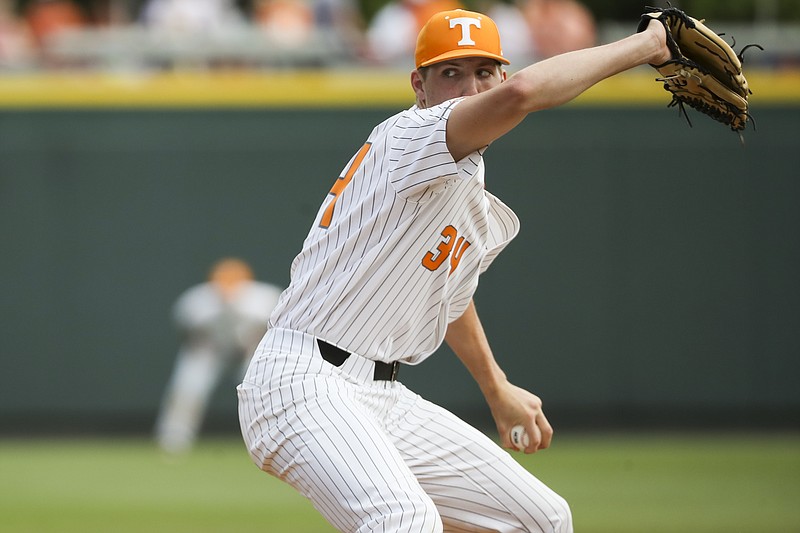Tennessee freshman pitcher Garrett Crochet delivers a pitch during a recent home game at Lindsey Nelson Stadium. Crochet is one of three former weekend starters that has come out of the bullpen recently as Tennessee tries to make the SEC tournament. (Photo by Caleb Jones/University Tennessee Athletics)

