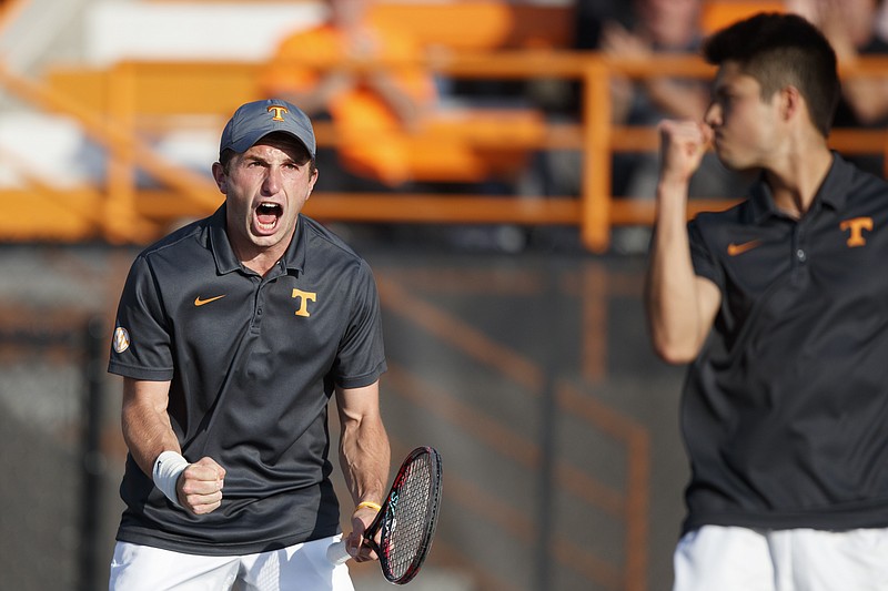 Tennessee redshirt junior Preston Touliatos, left, celebrates with doubles partner Luis Valero during a match this season. The tandem was named All-Americans for finishing the season as one of the nation's top eight doubles teams. Tennessee begins the NCAA team tournament on Saturday. (Photo courtesy of University of Tennessee Athletics)