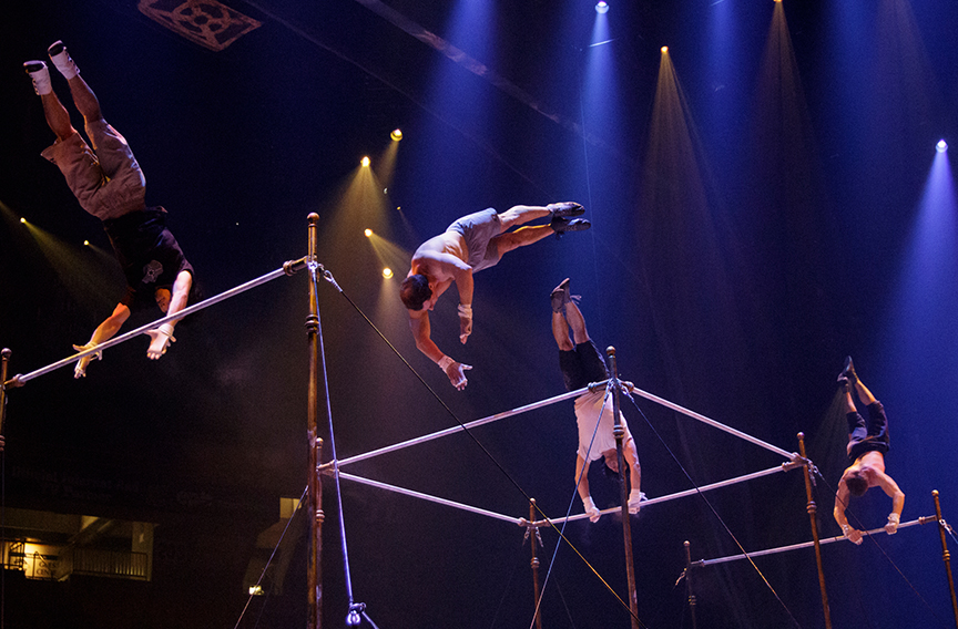 Performers practice the Tournik act, which includes parallel bars, during rehearsals for Cirque du Soleil's CORTEO performance at McKenzie Arena on Thursday, May 10, 2018, in Chattanooga, Tenn. The show has performances at the arena from Friday, May 11 until Sunday, May 13.